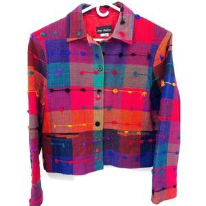 Vintage Ana's Fashions Colorful Rainbow Artsy Patchwork Knit Jacket size Large